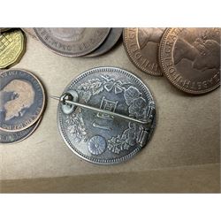 Great British and World coins and banknotes, including pre-decimal coinage, Britain's first decimal coins sets in blue folders, silver one yen coin converted into a brooch, commemorative crowns etc