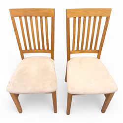 Contemporary solid oak rectangular dining table, with two additional extension leaves, together with eight matching high back dining chairs upholstered in cream suede-effect fabric (9) (Chair H 95cm, W 41cm, D 53cm) (Extends to 270cm)