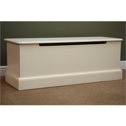  Cream painted blanket box, moulded hinged top, plinth base, W127cm, H47cm, D47cm  