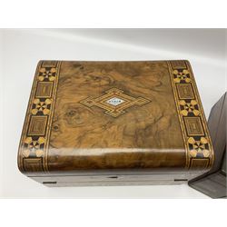 Victorian mahogany writing slope, the brass bound hinged cover opening to reveal tooled leather and gilt interior with two glass inkwells, together with a similar parquetry inlaid writing slope, with central mother of pearl inlay enrgraved 'Sarah', tallest H17cm 