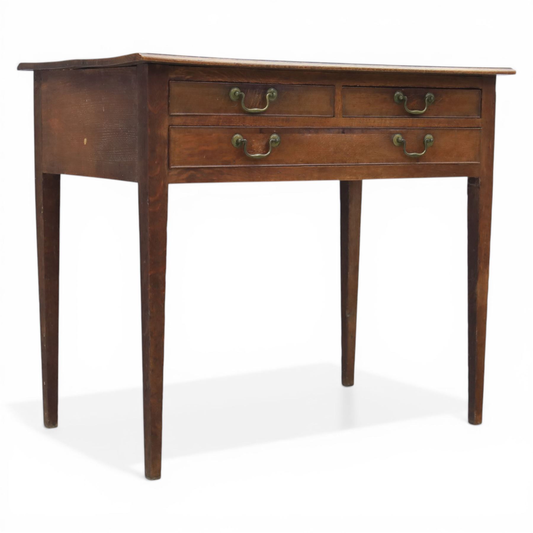 George III oak side table, with rectangular banded top, fitted with two short over three drawers, with brass swan neck handles, raised on square tapering supports