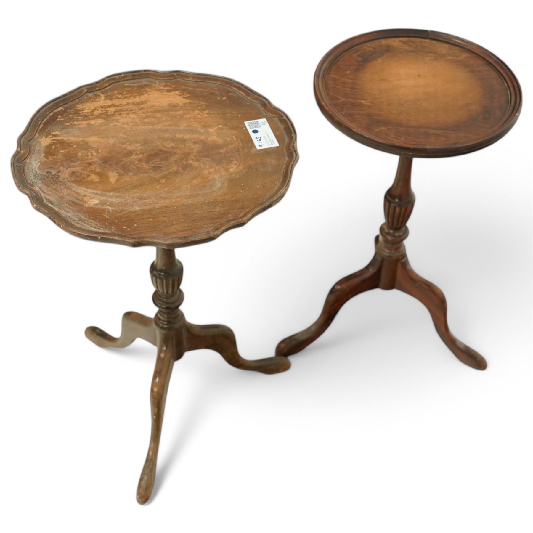 19th century Carolean design oak hall chair with tapestry seat; two Georgian design tripod tables; mahogany shelf (4)