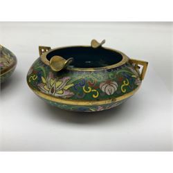 20th century Chinese cloisonne enamel smoking set, comprising two ashtrays, box and tray, with floral and foliate scrolling on green ground
