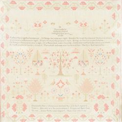 Victorian sampler by Elizabeth Mary Nicholson aged 15, dated 1863, worked with religious verse 'Be Thou faithful Unto death and I will give three a crown of life. Faith is the brightest evidence Of things beyond our sight, Breaks through the cloud of flesh and sense And dwells in Heavenly light. it sets time past time present view. Brings distant prospects home,... Of things a thousand years ago. Or a thousand years to come. Come dearest lord descend and dwell... By faith and love in every breast. then shall we know and taste and feel. The joys that cannot be expressed... Blessed are the pure in hearts. Prepared their God to see... Jesus to my soul impart.. Thou God seest me...', worked with various motifs including Adam and Eve flanking the tree of life entwined with the serpent, angels, birds, flowering urns, and trees, within a flowering vine border, in lacquered frame, overall H67cm W65.5cm