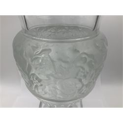 Large and impressive Lalique Versailles pattern glass vase, of classical baluster form with gadrooned flared rim, the body moulded in relief with fruiting vines above part fluting, upon a spreading circular foot with moulded decoration, and plain square plinth base, signed Lalique France to side of plinth, overall H35cm, with original box 