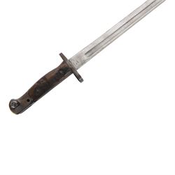 British bayonet, the 44cm blade stamped to the the ricasso Sanders, with wooden two piece grip,  in a steel scabbard with canvas frog, overall L58cm