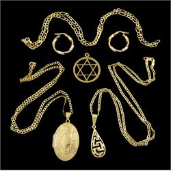 9ct gold jewellery including locket pendant necklace, pair of earrings, chain and Star of David pendant and a gold key design pendant necklace