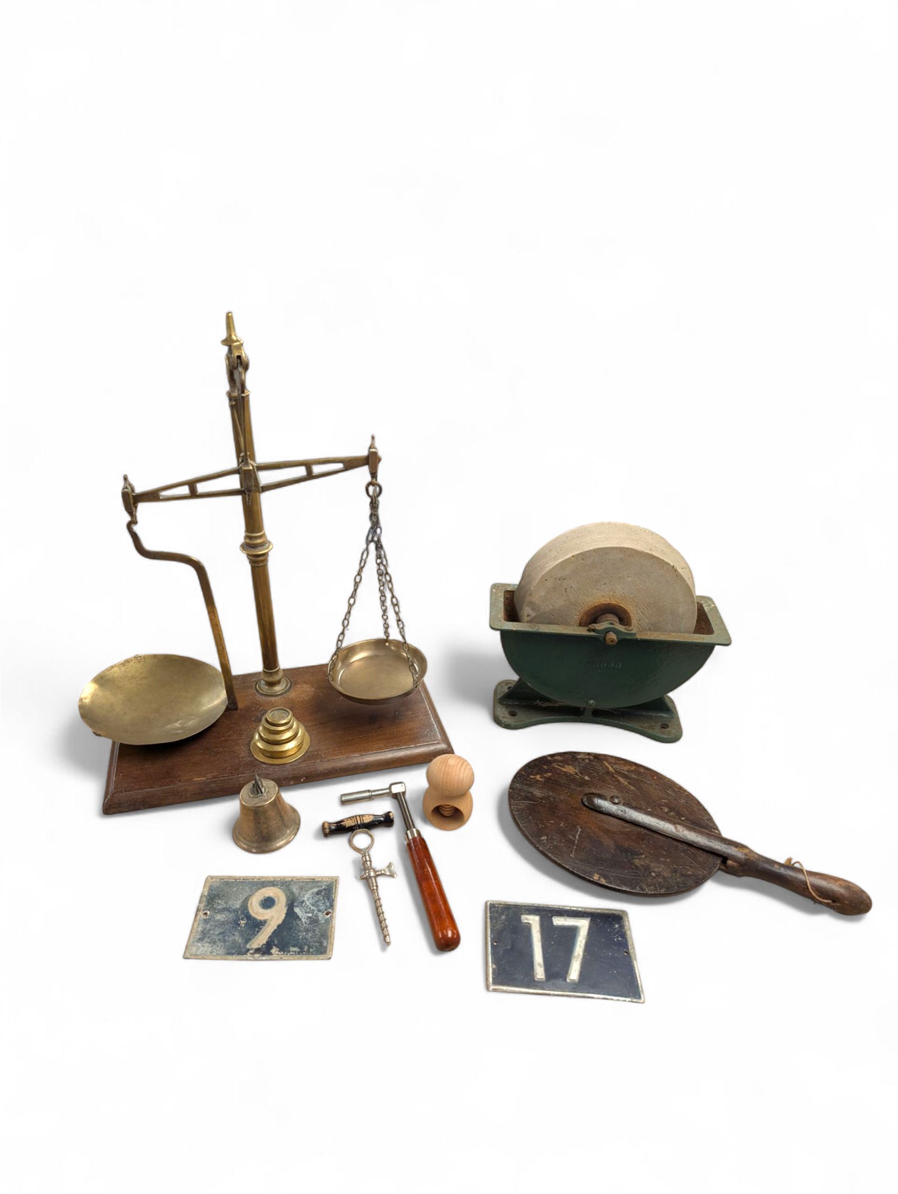 Avery Brass balance scales with weights on wooden plinth, Cannon grinding wheel, wheelwright's wooden traveller etc