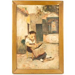 Oliver Rhys (British 1854-1907): Beadwork in a Mediterranean Courtyard, oil on canvas signed and indistinctly dated 75cm x 50cm