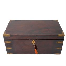 19th century brass bound mahogany tea caddy with three compartments, twin carrying handles, with key