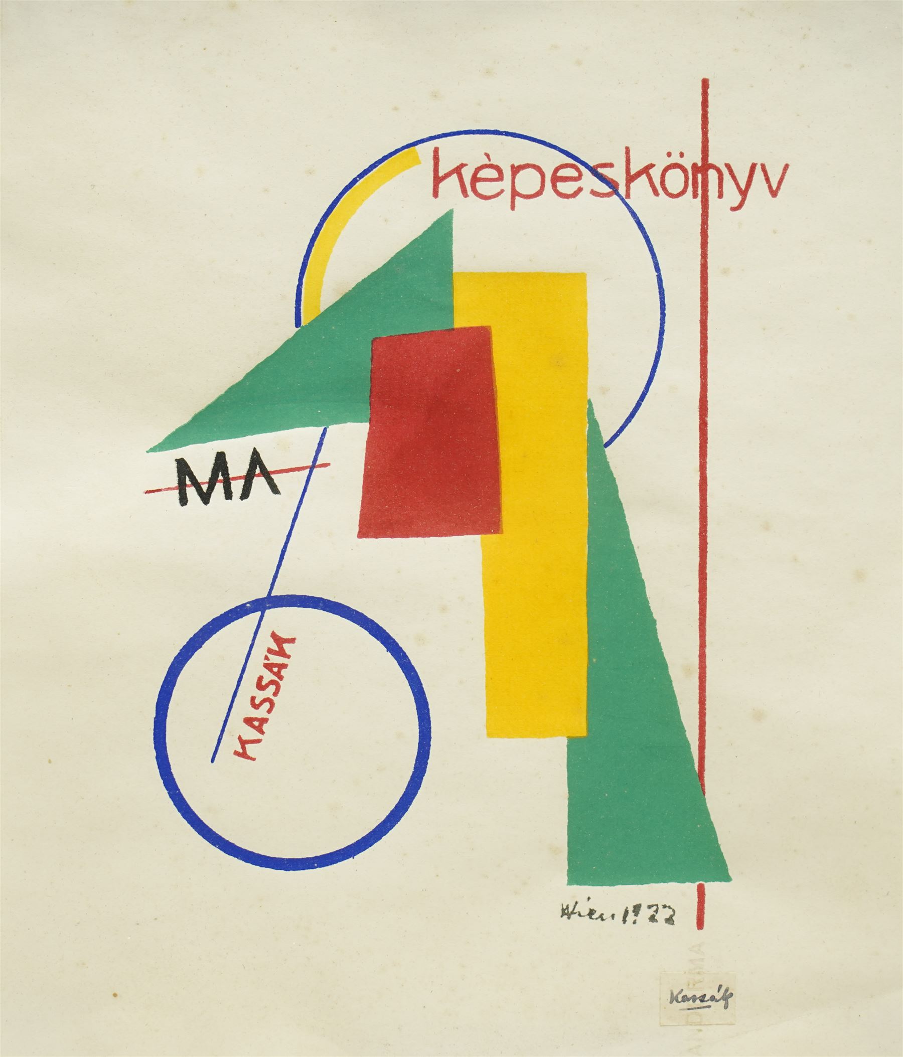 Lajos Kassák (Hungarian 1887-1967): 'MA Kepeskonyv', colour abstract lithograph signed with clipped signature laid onto paper 29cm x 25cm
Notes: a pioneering Hungarian avant-garde artist, writer and theorist, celebrated for his constructivist Bildarchitektur works that fused geometric abstraction with radical modernist ideals