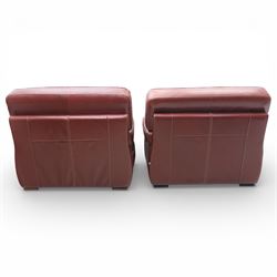 Fabrizio Mantellassi - 20th century Italian red leather suite, one three seat and two large armchairs, upholstered in deep red hide with stitched seam detailing, with magazine pockets to each side, the rectangular back cushions above broad padded arms and seat cushions, raised on low block bases

Sofa: H c98m, W 203cm, D 92cm
Armchair: H 98cm, W 113cm, D 92cm