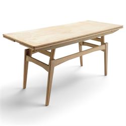 20th century Scandinavian limed oak metamorphic dining-to-coffee table, the rectangular extending top with draw-leaf sides, over an adjustable-height action base, on splayed supports united by stretchers