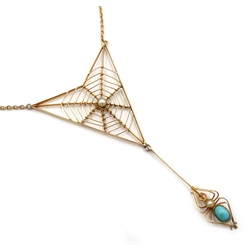  Murrle Bennett & Co Art Nouveau gold seed pearl and turquoise spider's web pendant necklace, c.1910 signed 'M.B.Co.' verso and stamped 9ct  