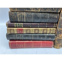 Eighteen 19th century leather bound books including Oeuvres Completes De Voltaire. 1827 Paris. Two volumes; Oeuvres De Pierre Corneille. 1892 Paris; Commentarium in Librum Geneseos Scripsit Thomas Josephus Lamy. 1883 Mechliniae; etc (18)