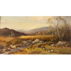 Tom Campbell (British 1865-1943): Hillside Landscape with Flowing River, oil on wood panel...