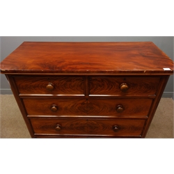  Victorian figured mahogany chest, two short and three long drawers on plinth base, W123cm, H115cm, D54cm  