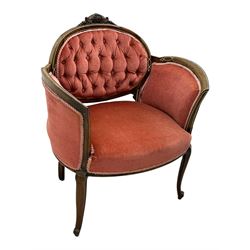 Edwardian inlaid rosewood parlour suite, comprising pair of tub shaped armchairs (W77cm, D69cm, H88cm); and matching two-seat sofa (W112cm, D69cm, H88cm), each with carved crest rails with shell motifs, deep button-tufted oval backs upholstered in pink fabric with braid trim, on cabriole supports