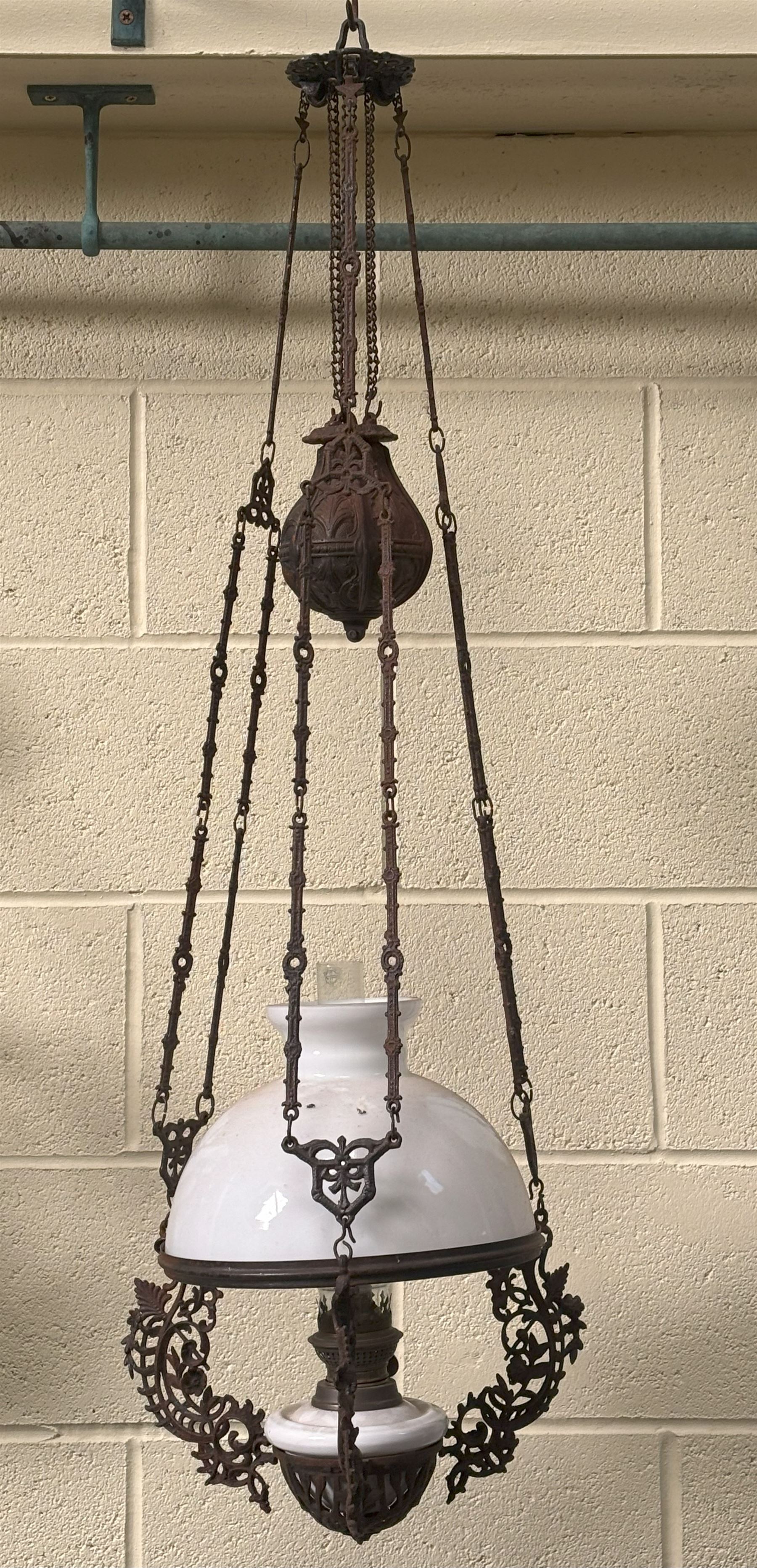 French Art Nouveau hanging oil lamp / chandelier, 19th century, the white ceramic reservoir, brass burner, and opaline glass domed shade supported by floral cast rise and fall frame. H110cm - COLLECTION BY APPOINTMENT FROM: The White House, Thirsk Road, Easingwold, York, YO61 3NF - CALL 01723 507111 TO ARRANGE