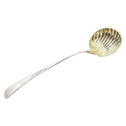 Early George III silver ladle, Old English patter with scallop shell bowl marks rubbed 5oz 