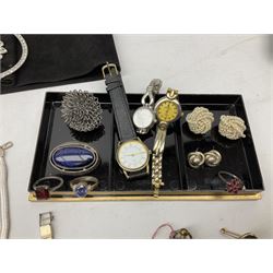 Pair of silver marcasite horse cufflinks, 9ct gold jewellery including pearl necklace, pearl bracelet, porcelain brooch, stick pin, all stamped or tested, silver stone set rings, silver Rotary watch, vintage suede belt with paste buckle stamped 'Paris', Longines wristwatch and a collection of costume jewellery