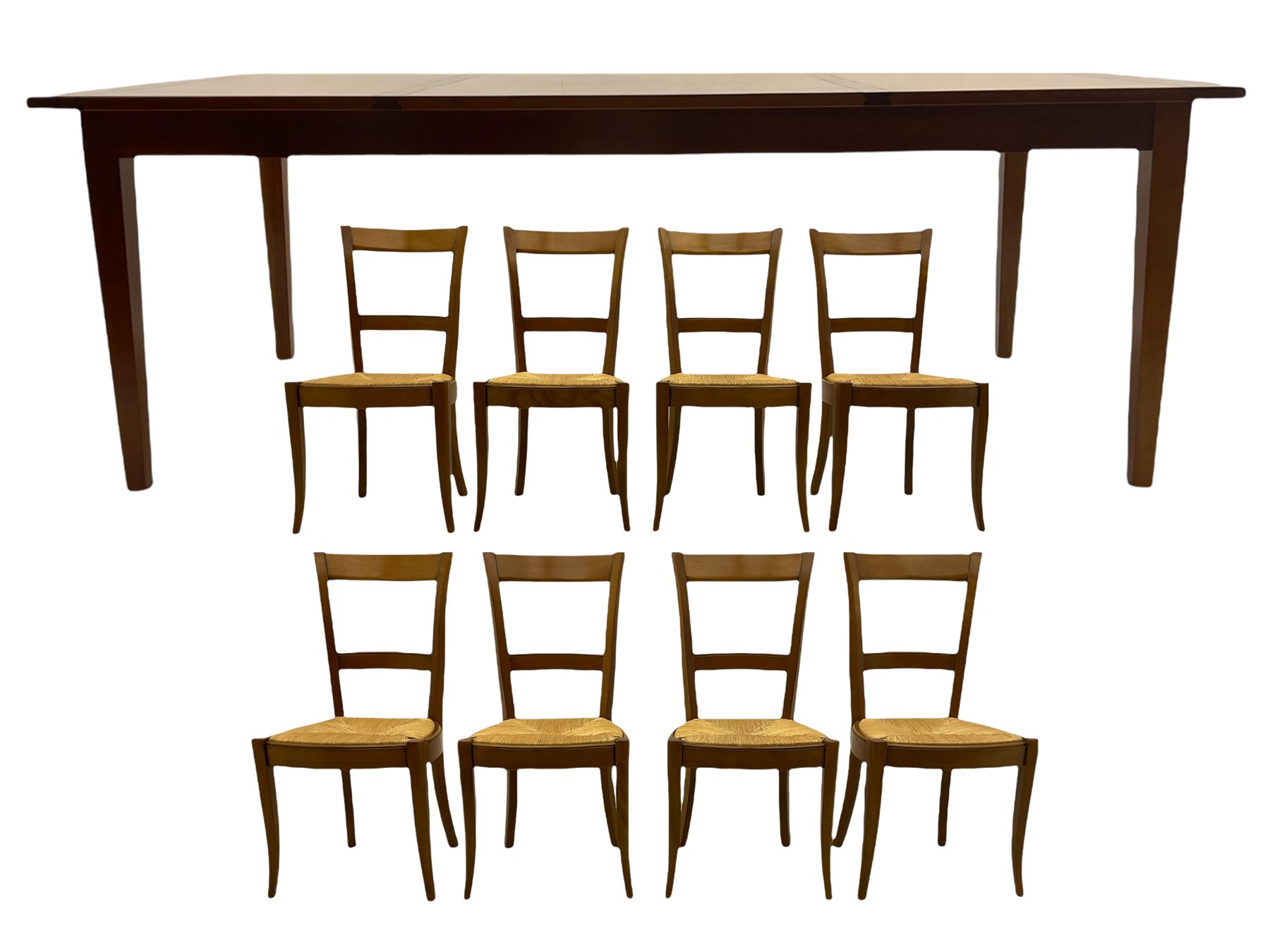 Grange Furniture cherry wood dining table, and eight chairs with rush seats