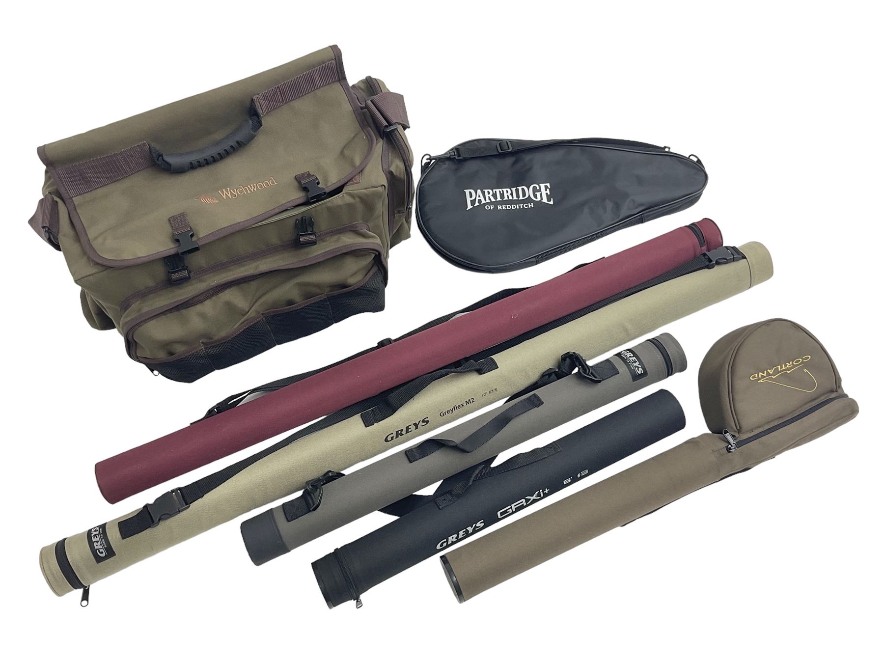 Five fly fishing rods, to include Greys Greyflex M2, Greys Missionary 9'3 etc, together with fly reel, flies, Wychwood fishing bag and various fishing other tackle items 