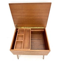 Mid century teak work box, single hinged lid, turned tapering supports