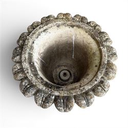 Cast stone tulip urn, petal rim with bell shaped bowl on squat base, stamped HGC; with associated plinth (2)