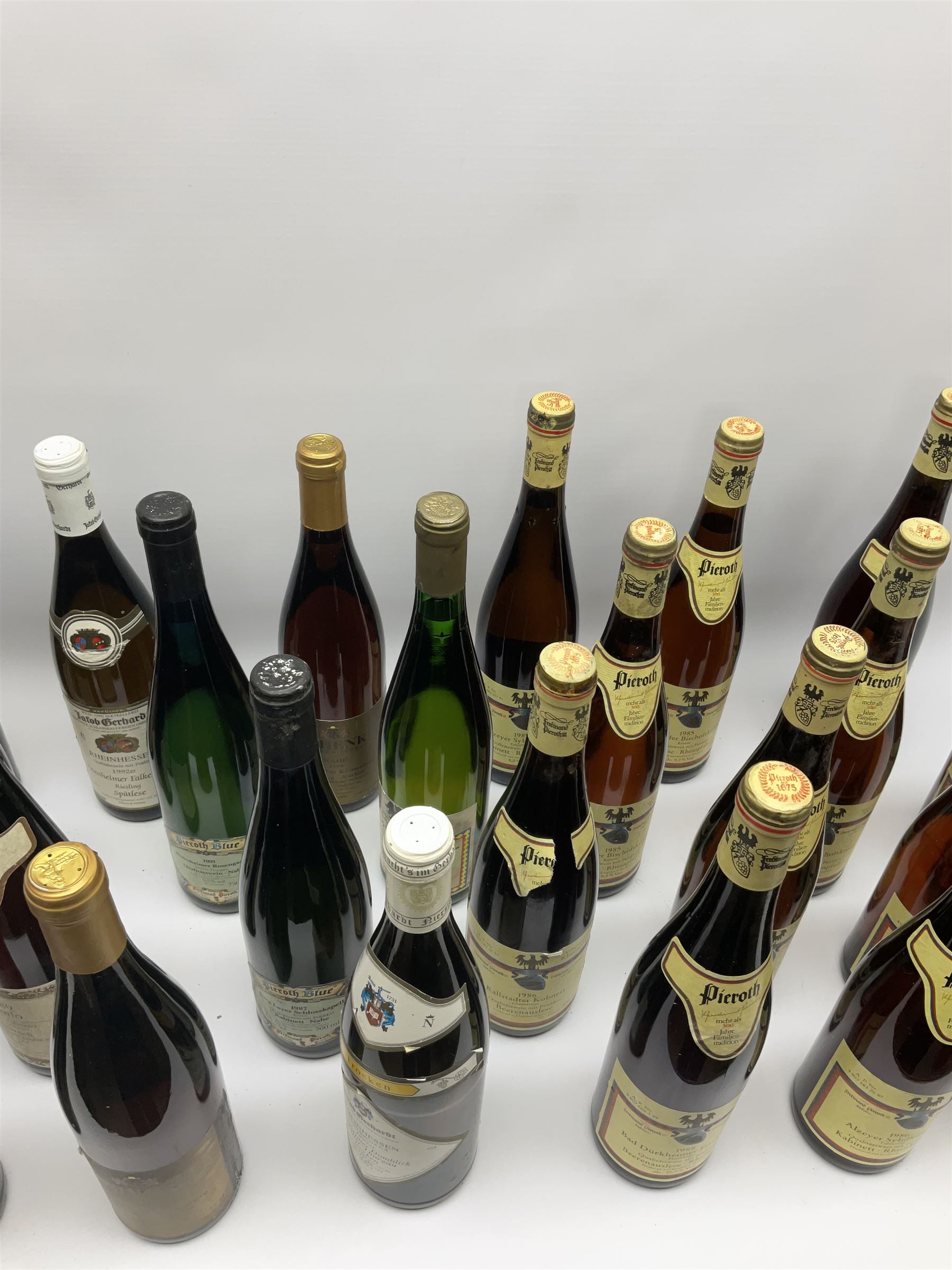 Mixed alcohol including Pieroth 1988 Bad Durkheimer Feuerberg 750ml, 10%vol, Ausbruch Muskat-Ottonel 1989 Somlo 750ml, 10.5%vol, Pieroth Blue 1991 Qualitatswein Nahe 750ml, 9.5%vol etc, various contents and proofs, 36 bottles