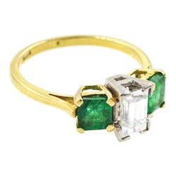 Gold three stone baguette cut diamond an square cut emerald ring, stamped 18ct, diamond approx 0.80 carat, total emerald weight approx 0.65 carat