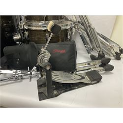 Pearl Vision SST Birch Ply shell four-piece drum kit in black comprising bass drum with foot pedal and three graduated toms; together with Pearl Custom Alloy Sensitone steel snare drum, drum and cymbal stands, microphone stand, stool and various drum sticks 