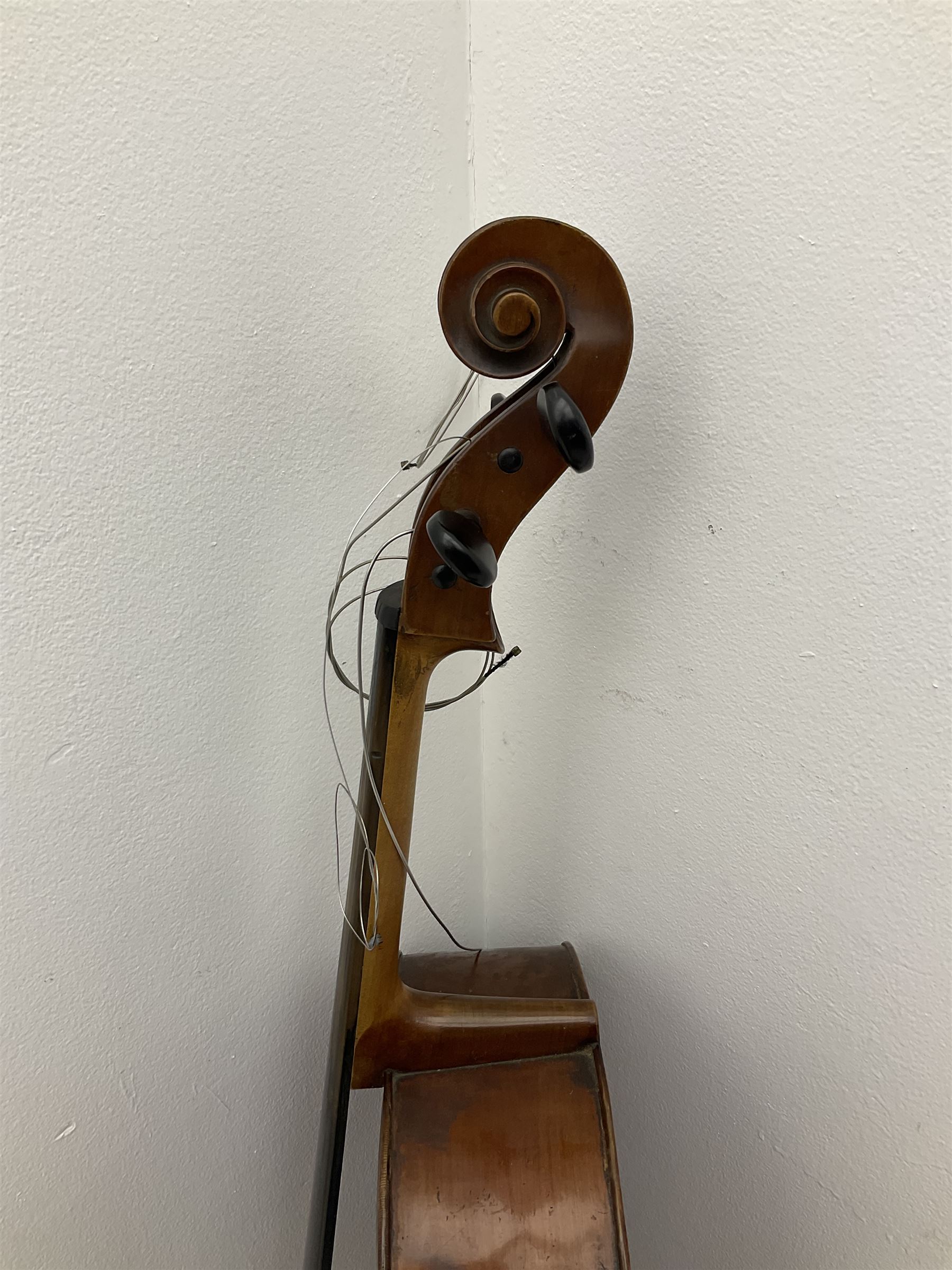 German Saxony three-quarter size cello for restoration, c1920, with 69cm two-piece maple back and ribs and two-piece spruce top, L111cm overall; with bow and canvas carrying case