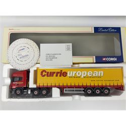 Corgi - three limited edition lorries; CC11905 ERF EC Flatbed Trailer & Log Load Los Millican (Penton) Ltd; CC12102 Renault Premium Curtainside Wm.Armstrong (Longtown) Ltd; and CC12903 Scania Topline Curtainside Currie European Transport; all boxed (3)