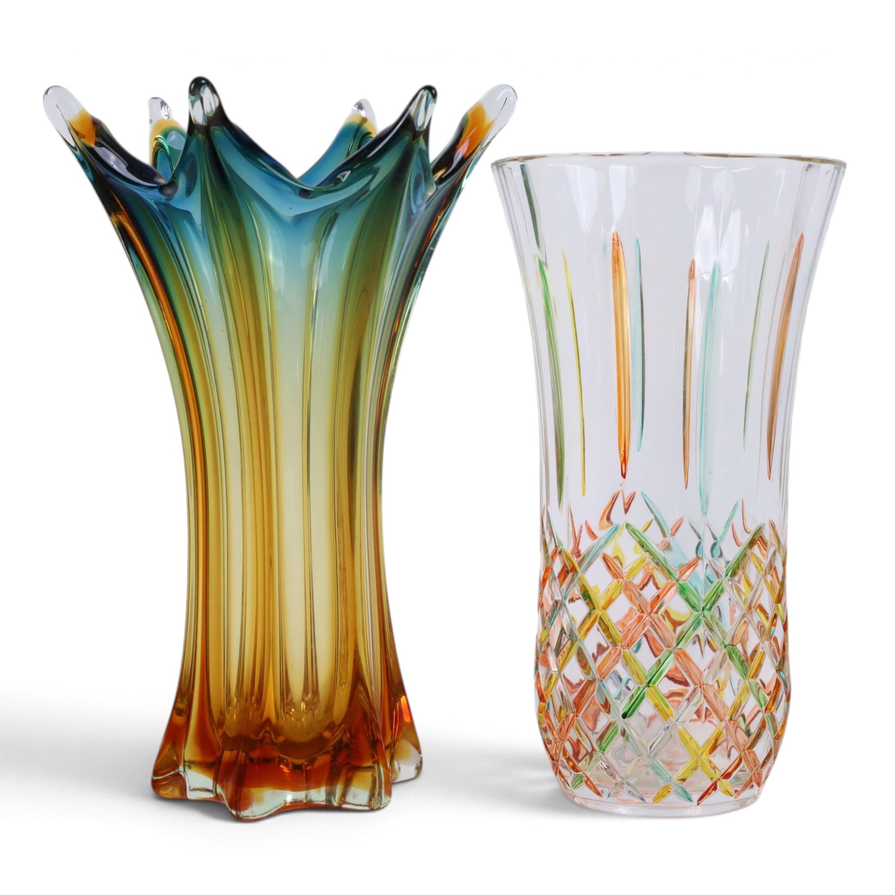 Zecchin vase, painted with reds, greens and yellows, together with a Murano vase with fluted rim, tallest H28cm