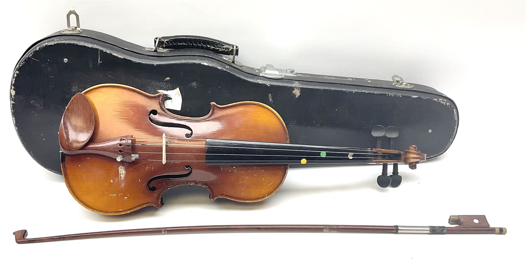 Skylark childs violin and bow, case, together with two other bows, an acoustic guitar and German Auto-Harps zither with floral decoration.   