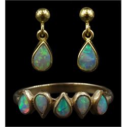 9ct gold five stone pear shaped opal ring and a similar pair of earrings