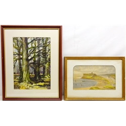  Woodland Scene, watercolour signed and dated '1967 by John Hiram Greensmith (1932-) 47cm x 33cm and 'North Cliff Scarborough', over painted photographic print 22cm x 39m (2)  