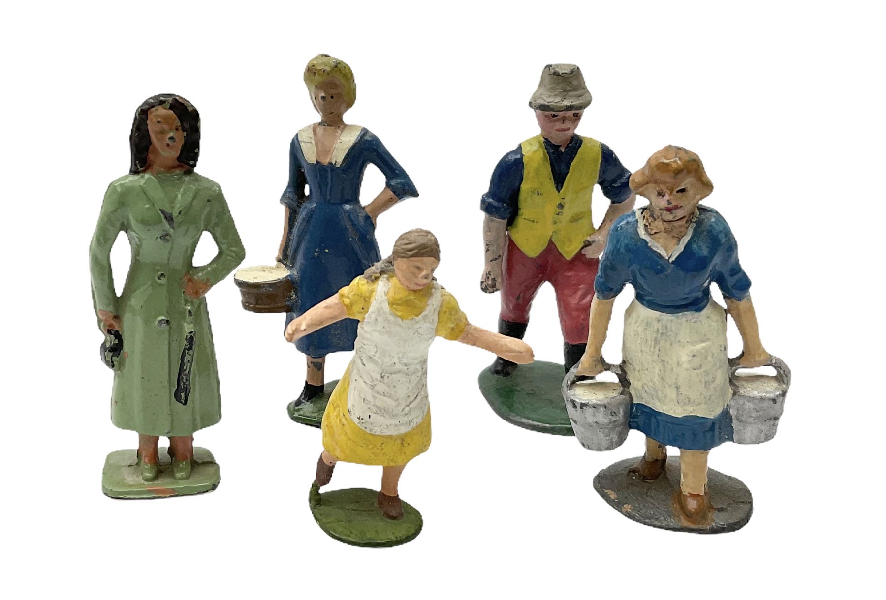 Forty-three lead farm figures by Timpo, Britains, J. Hill & Co etc including farmer, milk maids, farm workers, shepherds, Land Girls, scarecrow etc