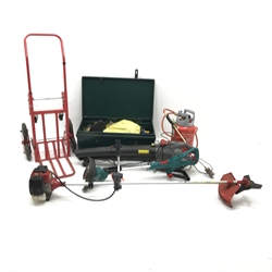 ST-BC415B strimmer, a leaf blow, gas blow torch, sack barrow,  two tier ladders, and other tools