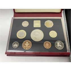 Single owner lifetime collection of mostly commemorative modern World coins with gold, silver and base metal examples, including two Queen Elizabeth II Bailiwick of Guernsey twenty-five pound gold coins 'The 1999 Royal Wedding' and '100th Anniversary of the End of the Victorian Era' 2001 each in 24 carat gold weighing 7.81 grams with certificates, silver coins commemorating the Millennium 2000 including Guyana sterling silver proof two-thousand dollars, Fiji sterling silver proof five dollars etc, silver coins from the Queen Elizabeth II Golden Jubilee Collection dated either 2002 or 2003 from Great Britain and the Commonwealth countries, United Kingdom commemorative crowns in card folders, The Royal Mint United Kingdom 1997 proof coin set in red folder without certificate etc