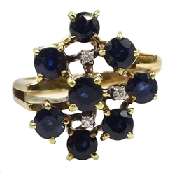 14ct gold sapphire and diamond stepped design cluster ring, stamped 585