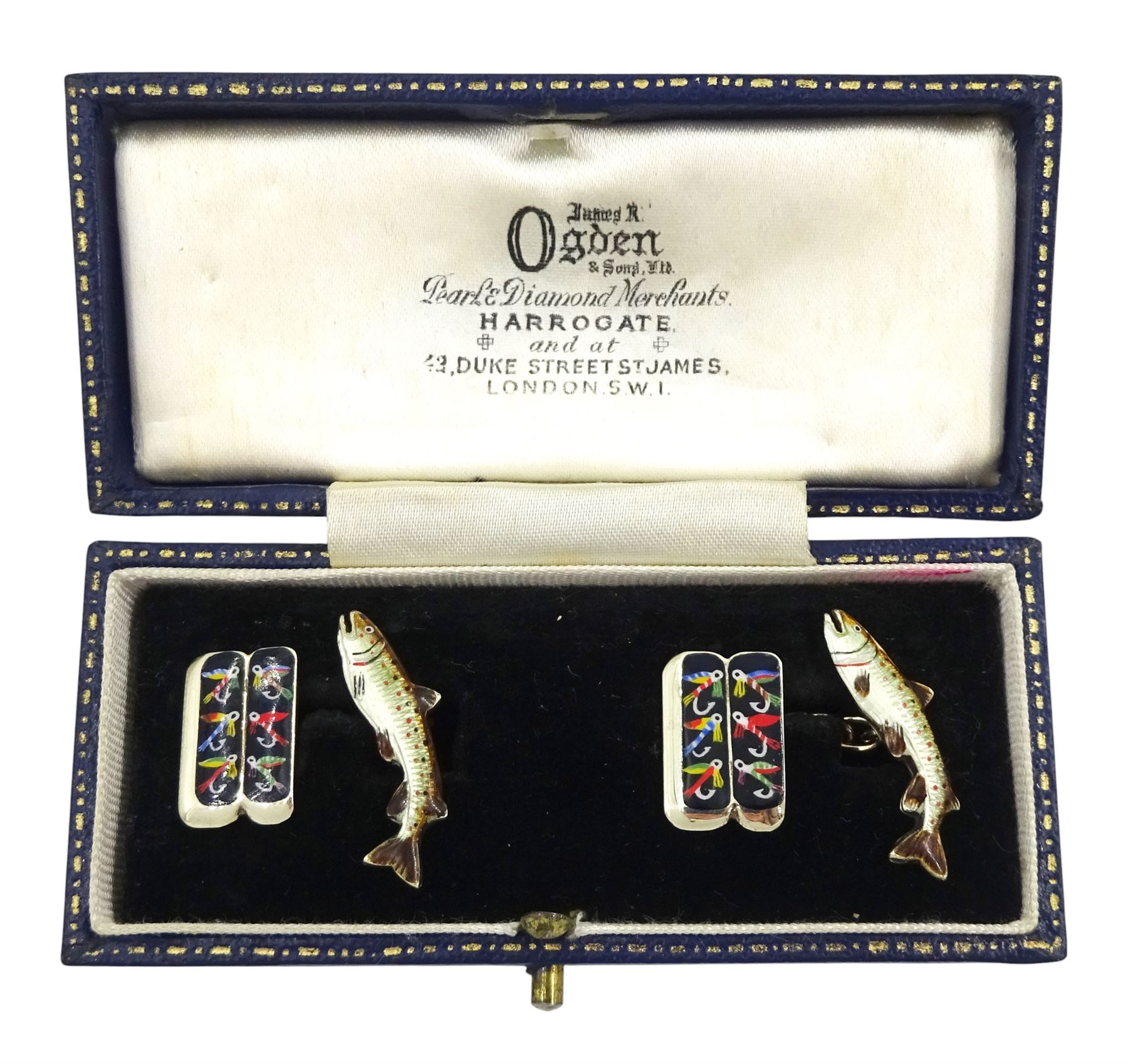 Pair of 9ct gold enamelled fly fishing cufflinks, each with trout and fly hook decoration by Alabaster & Wilson, Birmingham 1959