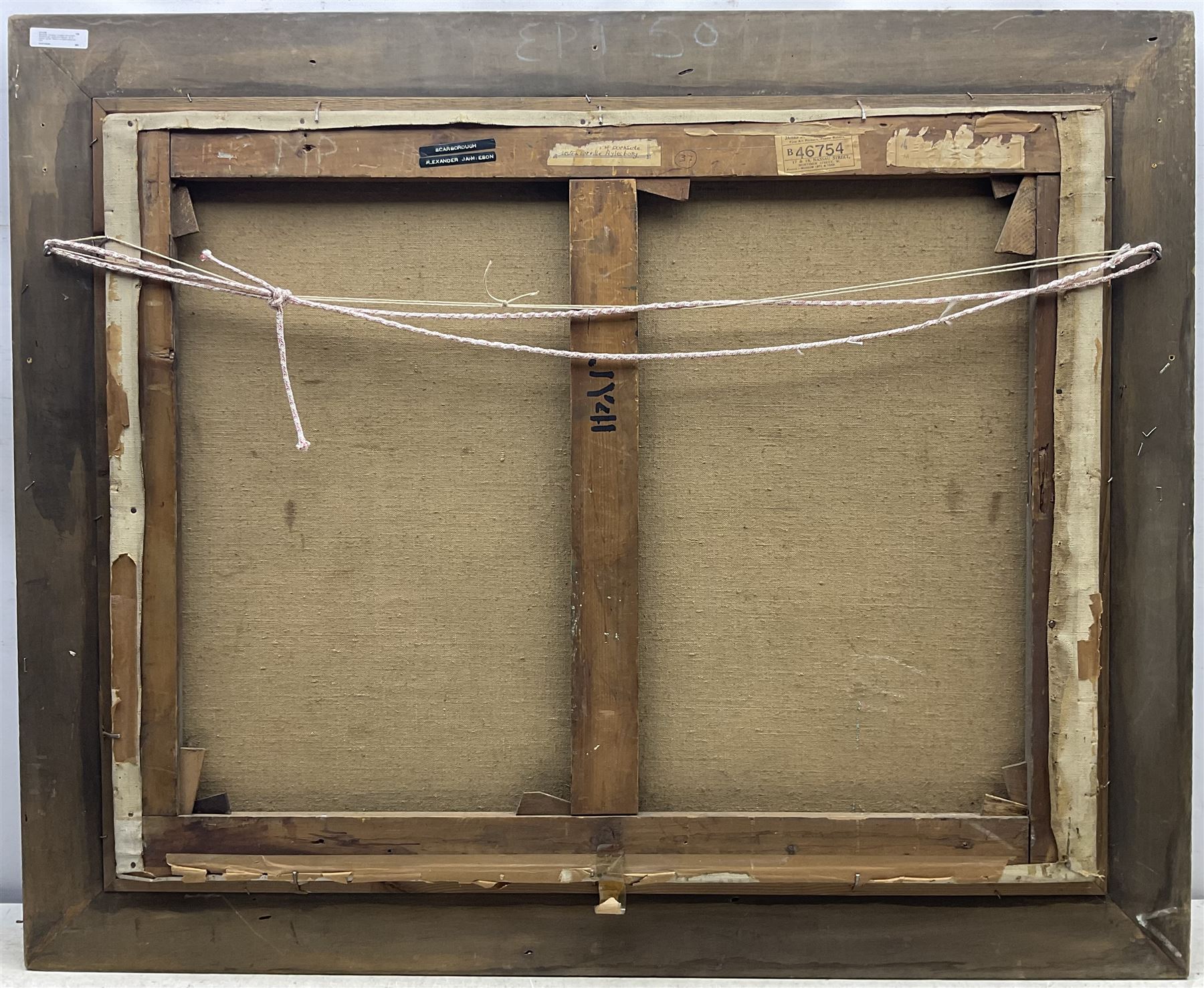 Alexander Jamieson (Scottish 1873-1937): 'Scarborough Castle and Harbour', oil on canvas signed, titled on exhibition label with 'Aylesbury' address label and James Bourlet label verso 70cm x 90cm