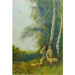  Shepherd and Shepherdess with Lambs, watercolour signed by Frederick Hines (British fl.1875-1928) 53.5cm x 37.5cm  