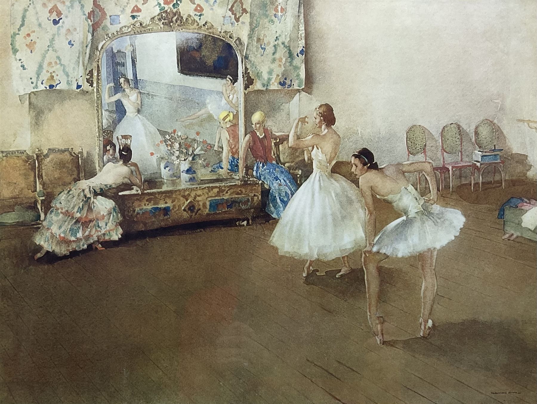 Sir William Russell Flint (Scottish 1880-1969): 'Mirror of the Ballet', limited edition colour lithograph signed in pencil with blindstamp pub.1942, 36cm x 48cm
