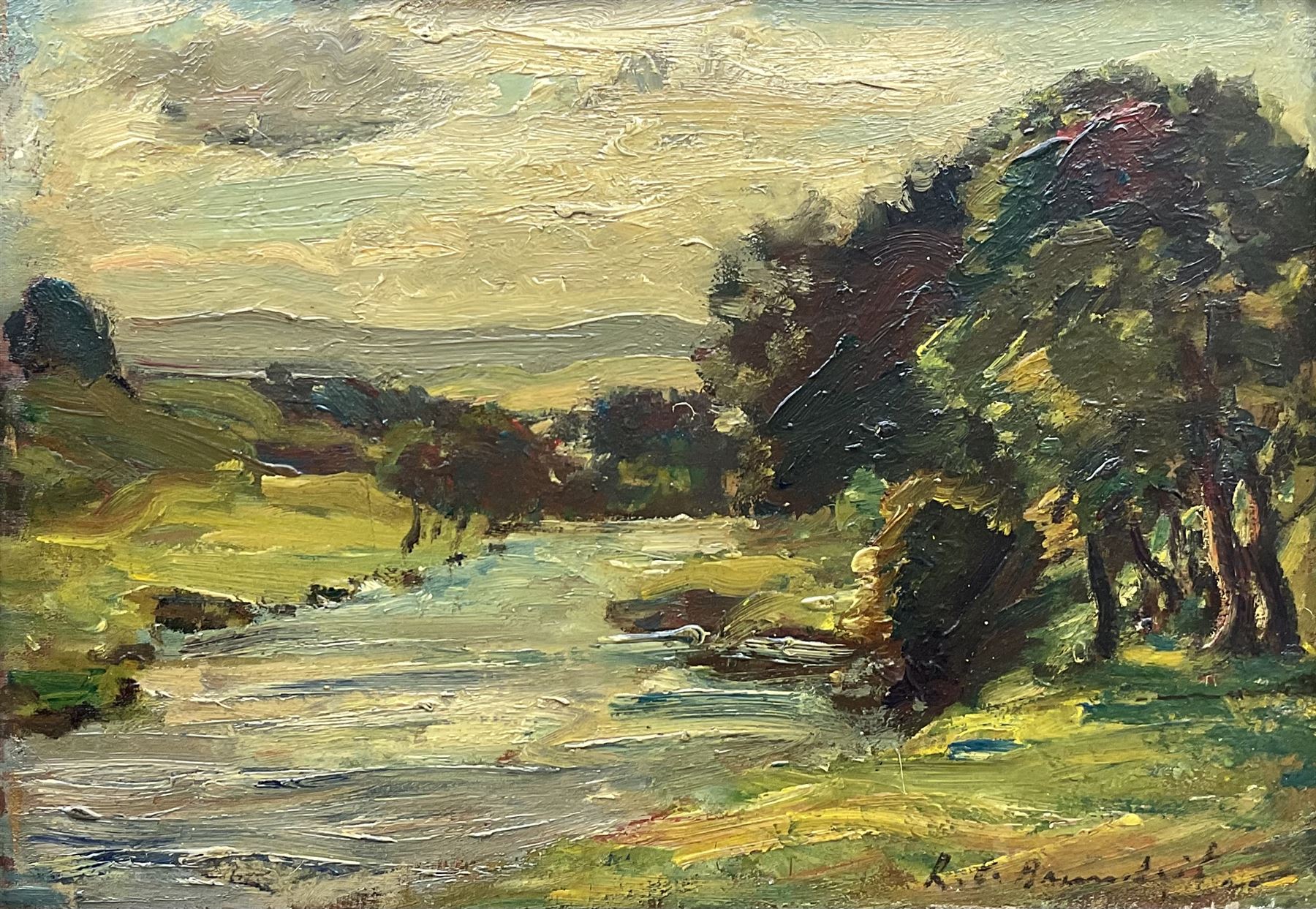 Reginald Grange Brundrit RA ROI (British 1883-1960): The River Wharfe, oil on panel signed 24cm x 35cm
