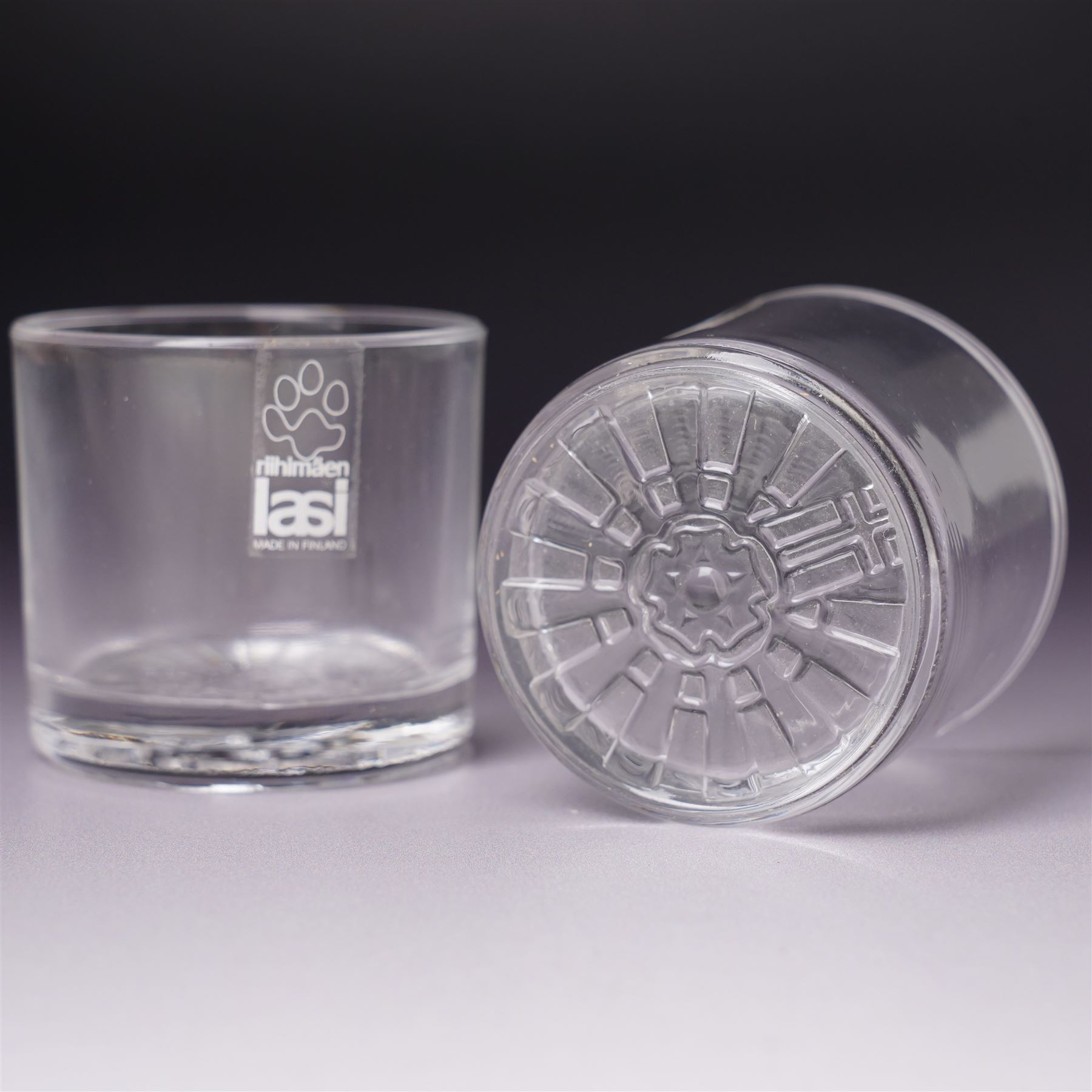 Nanny Still (Finland 1926-2009); decanter with four vodka glasses, decorated with a rose and the Finnish flag, H18cm 