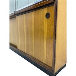Barlows Sheffield - Mid-20th century oak and mahogany bookcase reference display cabinet, adjustable glass shelves on chrome brackets, two glazed doors above two sliding doors