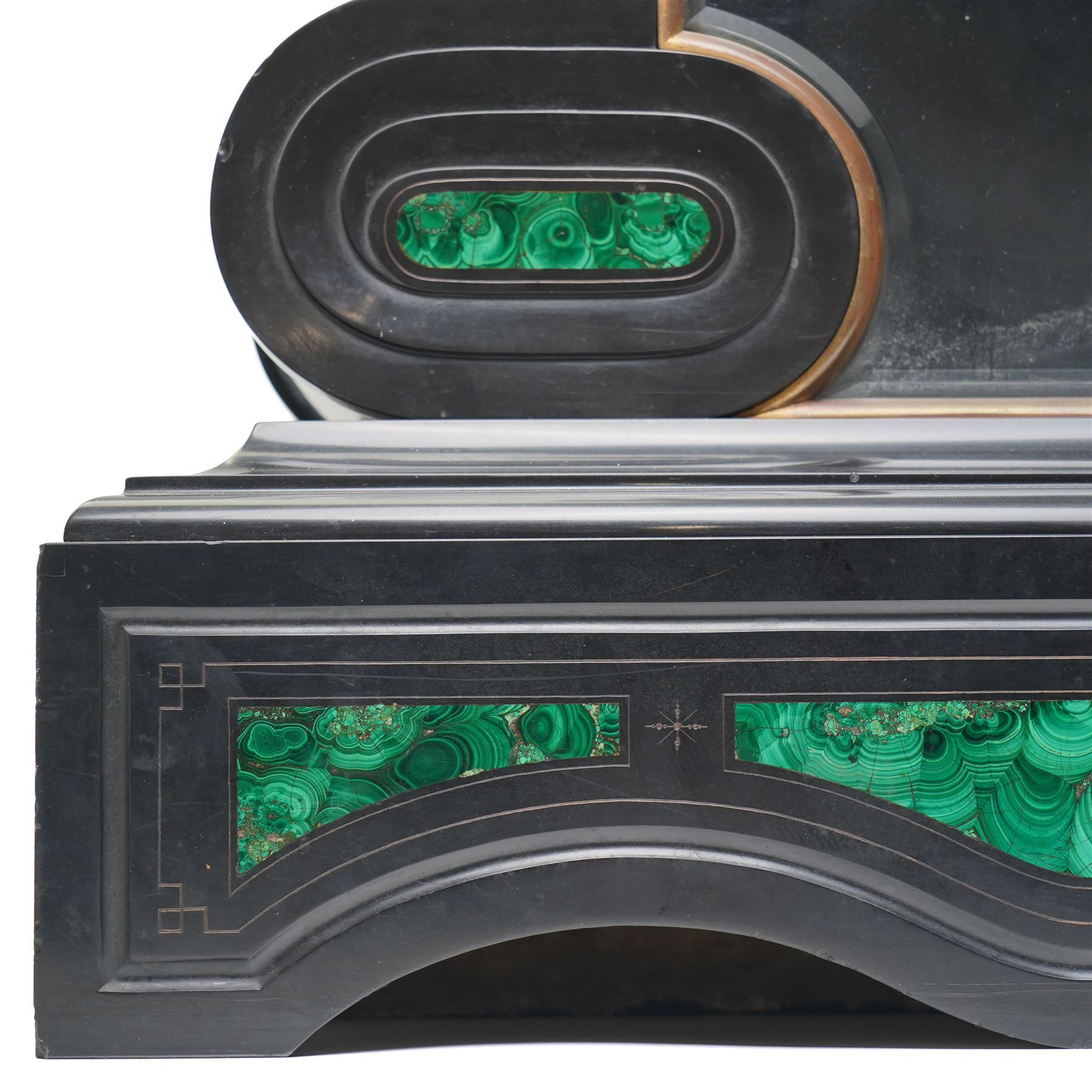 French-Late 19th century Belgium slate mantel clock, 8-day movement housed in a drum case with volutes, cradled within scroll supports and a shaped pendulum viewing glass with a brass surround, stepped plinth with incised decoration and malachite panels, two-piece enamel dial within a cast brass bezel, dial with Roman numerals, minute markers and steel moon hands, visible Brocot dead-beat escapement fitted with cornelian pallets, twin train going barrel movement with rack striking, sounding the hours and half-hours on a bell. With the original twin file mercury pendulum.
 